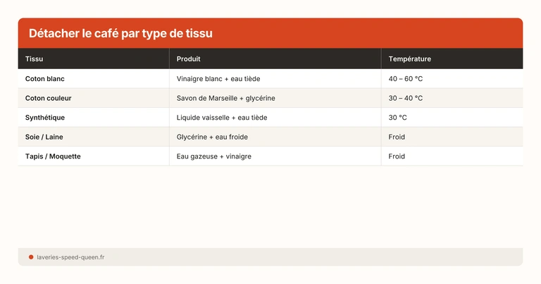 Tableau détachage café par type de tissu et température de lavage